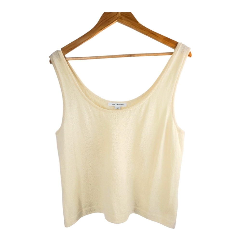 St John Satana Knit Stretch Sleeveless Top Scoop  Neck Ivory Size M